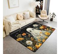 Halloween Ghost 100x150 cm Area Rug, Boho Daisy Flowers Gothic Rugs for Living Room Watercolor Floral Dark Shadows Washable Rug, White Silhouette Bats Carpet Indoor Floor Mat
