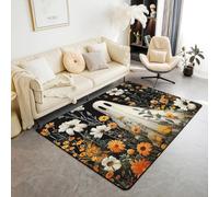 Halloween Ghost 150x200 cm Area Rug, Boho Daisy Floral Gothic Living Room Rug Watercolor Flowers Dark Shadows Rugs for Bedroom, White Silhouette Carpet Indoor Floor Mat