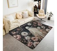 Halloween Ghost 150x200 cm Area Rug, Boho Flowers Gothic Living Room Rug Watercolor Floral White Silhouette Rugs for Bedroom, Spooky Dark Shadows Carpet Indoor Floor Mat