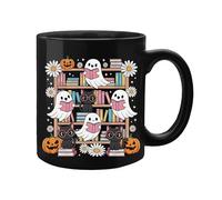 Halloween Ghost and Cat Bookshelf Mug, 11oz Ceramic Coffee Cup, Black with Pumpkin and Daisy Design