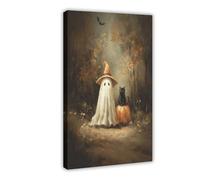 Halloween Ghost And Cat Canvas Poster Bedroom Decor Landscape Office Room Decor Gift 16x24inch(40x60cm)