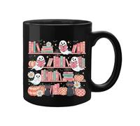 Halloween Ghost and Cat Coffee Mug, 11oz Ceramic, Spooky Bookshelf Design with Pumpkins and Daisy, Fall Gift for Book Lovers