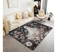 Halloween Ghost Area Rug 100x150 cm, Boho Floral Gothic Rugs for Living Room Watercolor Flowers White Silhouette Washable Rug, Spooky Dark Shadows Carpet Indoor Floor Mat