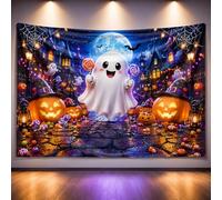 Halloween Ghost Backdrop 2.4x1.8m Vinyl Pumpkin Photo Background Cute Spooky Halloween Party Decorations Haunted Village Moon Bats Candy Trick or Treat Banner for Kids Birthday Photo Booth Props