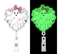 Halloween Ghost Badge Reel Retractable - Cosmisun Pink Bow Ghost Badge Reel Glow in The Dark Nurse ID Holder Badge Clips Gifts for Nursing CNA RN Medical Worker Student Doctors Teacher Office