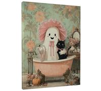Halloween Ghost Bath Canvas Art, Peach Black Cute Ghost Cat Prints, Vintage Wall Decor For Living Room, Bedroom, Bathroom, Dorm, Wrapped Canvas 12x16 Inch