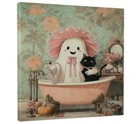 Halloween Ghost Bath Canvas Art, Peach Black Cute Ghost Cat Prints, Vintage Wall Decor For Living Room, Bedroom, Bathroom, Dorm, Wrapped Canvas 12x12 Inch