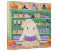 Halloween Ghost Bath Canvas Wall Art, Colorful Pumpkin and Potion Decor, Cute Ghost Character for Living Room, Bedroom, Bathroom, Dorm, Wrapped Canvas 12x12 Inch