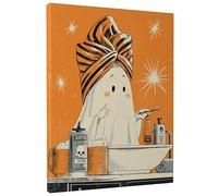 Halloween Ghost Bath Canvas Wall Art, Orange Retro Character Poster Prints, Fun Bath Decor for Living Room, Bedroom, Bathroom, Dorm 8x10 Inch
