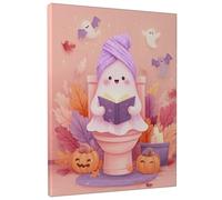 Halloween Ghost Bathroom Canvas Wall Art, Peach Cute Ghost Reading Poster, Fun Bath Wall Decor for Living Room, Bedroom, Bathroom, Wrapped Canvas 16x20 Inch