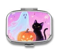 Halloween Ghost Black Cat Pumpkin Pill Box - 2 Compartment Travel Pill Organizer with Small Mirror, Portable Pillcase for Pocket & Purse, Cute Square Medicine Case, Weekly Medicine Container