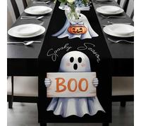 Halloween Ghost Boo Table Runner 16x72 Inches Long Watercolor Art Abstract Retro Cotton Linen Table Runner Burlap Style for Dinner Table Party Decor Tabletop Decorations