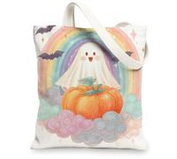 Halloween Ghost Canvas Tote Bags, Cute Ghost Pumpkin Pattern Reusable Bags, Lightweight Washable Shoulder Strap Canvas Bags, White, 13x15 Inch