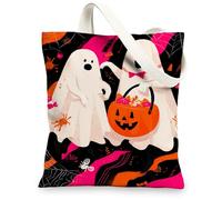 Halloween Ghost Canvas Tote Bags, Fun Spooky Pattern Reusable Shopping Bags, Lightweight Washable Shoulder Strap Canvas Bags for, Party Travel 13x15 Inch