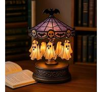 Halloween Ghost Carousel Light, Spooky Warm Night Light Decor with Stained Glass, Vintage Copper Base & Spooky Ghost Bats Design for Home Party Desk Table Decoration Gift