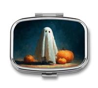 Halloween Ghost Carved Pumpkins Spooky Pill Box 2 Compartment Portable Medicine Pill Case Travel Pill Organizer for Pocket Purse