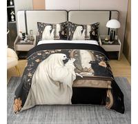 Halloween Ghost Cat 100% Cotton Bedding Set Super King Size,Vintage European Floral Bedding Set for Kids Girls Boys,Funny Ghost Bed Sets with 2 Pillowcase(No Comforter),Black White