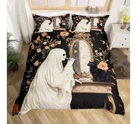 Halloween Ghost Cat Bedding Set King Size,Vintage European Floral Comforter Cover Set for Kids Girls Boys Room Decor,Funny Ghost Duvet Cover Breathable(No Comforter),Black White