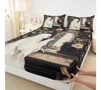 Halloween Ghost Cat Fitted Sheet King Size,Vintage European Floral Bedding Set 4Pcs for Kids Girls Boys,Funny Ghost Deep Pocket Sheet,2 Pillowcase,Black White