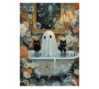Halloween Ghost Cat Puzzles for Adults 1000 Pieces, Funny Horror Holiday Flower Art Jigsaw Puzzles, Impossible Difficult Challenging Puzzle