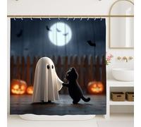 Halloween Ghost Cat Shower Curtain, Dark Black White Spooky Bathroom Decor, Autumn Festive Modern Cartoon Waterproof Fabric Shower Curtain with Hooks 72x84 Inch