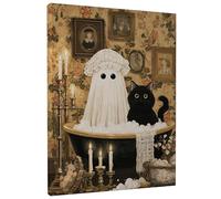 Halloween Ghost Cat Wall Art, Black White Vintage Decorative Canvas, Spooky Home Decor for Living Room, Bedroom, Bathroom, Dorm, Wrapped Canvas 16x20 Inch