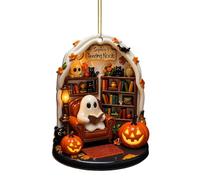 Halloween Ghost Charm Decorations | 2D Acrylic Ghost Reading Book Ornament | Decorative Signs Pedant For Shelf Kitchen Room Wall Porch Indoor Christmas Home Decor