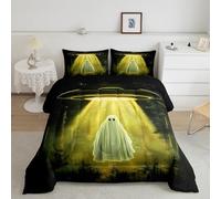 Halloween Ghost Comforter Set King Size,Universe Alien Ship Bedding Sets,Funny Gothic Skull Quilted Duvet for Kids Teens Boys Youth,Vintage Jungle Abstract Tie Dyed Duvet Insert,2 Pillowcases