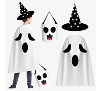 Halloween Ghost Costume for Kids, White Ghost Cape, Bring a Ghost Bag and Hat, Children Boy Girl Cosplay Party Costume Robe Fancy Dress Costume-3pcs