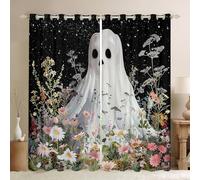 Halloween Ghost Curtains for Bedroom,Cute Floral Ghost Curtains Horror Spooky Halloween Home Decor,Boho Wildflower Curtains Rustic Country Flowers Window Curtains 2 Panels 66x90