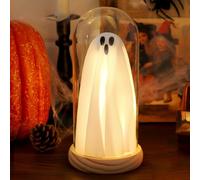Halloween Ghost Decor Light - Light Up Ghost in Glass Cloche with Wood Base, Cute Indoor Halloween Decoration for Table, Shelf, Fireplace - Spooky Room Decor (1 Pack)