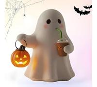 Halloween Ghost Decoration with Light-Up Jack-o'-Lantern, Cute White Ghost Holding Mini Coffee with Pumpkin Lights, Spooky Ghost Statue Night Light Tabletop Decor for Home Halloween Party (Large)