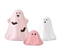 Halloween Ghost Decorations 3pcs Ceramic Spooky Light Up Ghost Decor with LED Lights Cute Pastel Figurines Halloween Decor for Table Desk Fireplace Home Office Party (A)
