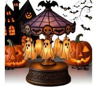 Halloween Ghost Decorations,Ghost Carousel Lights,Night Light USB Rechargeable, Antique Purple Stained Glass,Vintage Carousel Decor with Floating Ghost for Indoor Home Party Kitchen Table (A)