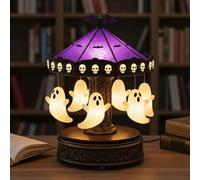 Halloween Ghost Decorations,Ghost Carousel Lights,Night Light USB Rechargeable, Antique Purple Stained Glass,Vintage Carousel Decor with Floating Ghost for Indoor Home Party Kitchen Table (C)
