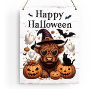 Halloween Ghost Decorations Outdoor Indoor Halloween Party Decorations Vintage Highland Cow Cat Spooky Home Decor Gifts Rustic Pumpkin Wood Hanging Sign for Front Door Porch Yard Kitchen Bedroom