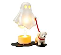 Halloween Ghost Dog Statue, LED Candle Walker Night Light | Whimsical 3D resin sculpture of ghost walking dog with warm LED glow. Great bar desk ornament or bedside night light.
