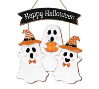 Halloween Ghost Door Sign BOO Decorations, Happy Halloween Wooden Ghost Hanging Sign for Front Door Hanger Wreath Decor, Halloween Pumpkin Indoor Outdoor Yard Wall Halloween Party Decorations