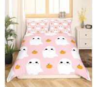Halloween Ghost Duvet Cover Set, 3 PCS Bed in A Bag Ghost Valentine Bedding Set, Cute White Ghost Gift, Vintage Halloween Duvet Cover for Kids Teen Birthday (Pink, Single)