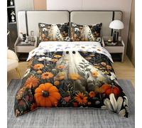 Halloween Ghost Duvet Cover Set Boho Daisy Floral Gothic Cotton Comforter Cover, Watercolor Flowers Dark Shadows King Bedding Sets, White Silhouette Bed Sets