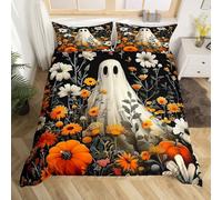 Halloween Ghost Duvet Cover Set Boho Daisy Floral Gothic King Bedding Sets, Watercolor Flowers Dark Shadows Comforter Cover White Silhouette Bed Sets