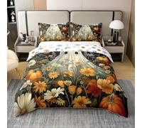 Halloween Ghost Duvet Cover Set Boho Daisy Flowers Gothic Cotton Comforter Cover, Watercolor Floral Dark Shadows Super King Bedding Set, White Silhouette Bats Bed Sets