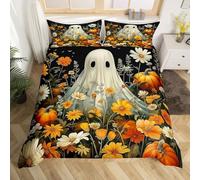 Halloween Ghost Duvet Cover Set Boho Daisy Flowers Gothic Double Bedding Sets, Watercolor Floral Dark Shadows Comforter Cover White Silhouette Bats Bed Set