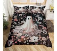 Halloween Ghost Duvet Cover Set Boho Floral Gothic King Bedding Sets, Watercolor Flowers White Silhouette Comforter Cover Spooky Dark Shadows Bed Sets