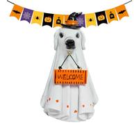 Halloween Ghost Figurine, Spooky Resin Ghost Statue, Animal-Themed Decorative Accent, Hand-Painted Finish, Lightweight Tabletop Design, Ideal for Mantel, Porch, Window, Haunted Decor, White Orange