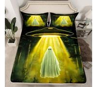 Halloween Ghost Fitted Sheet Single Size,Universe Alien Ship Bedding Set,Funny Gothic Skull Bed Sheets 2 Pieces (No Flat Sheet),Vintage Jungle Abstract Tie Dyed Deep Pocket Sheet,1 Pillowcase