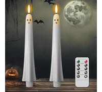 Halloween Ghost Flameless Taper Candles, White Spooky Ghost LED Candle with Remote and Timer, Battery Operated Flickering Halloween Candles, Horror Holiday Decor for Tabletop Fireplace