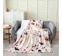 Halloween Ghost Flannel Blankets,Black Bat Spider Web Fleece Blanket,Kids Girls Boys Adult Autumn Floral Leaves Fuzzy Blankets Vintage Bohemian Sherpa Blanket Chair Sofa Bed Decor,60"×80"