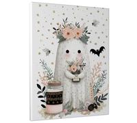 Halloween Ghost Floral Canvas Wall Art, Peach Black Cute Ghost Decor, Fanciful Fall Aesthetic Art for Living Room, Bedroom, Home Decor 16x20 Inch