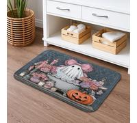 Halloween Ghost Floral Quick Dry Bath Mat, Peach Bow Pumpkin Rose Absorbent Non Slip Shower Mat, Flannel Washable Bath Rugs for Bathroom 16x24 Inch